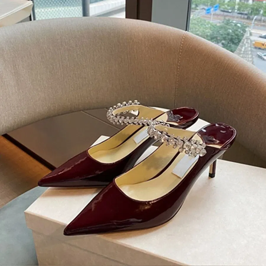 Color: wine red, Shoe Size: 36, Ships From: CHINA - Elegant Leather Mules Pointed Toe Stylish Rhinestone Embellished High Heel Sandals Sophisticated Party Evening Shoes Footwear