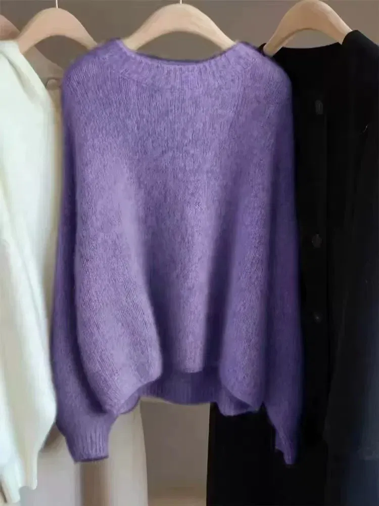 Color: WHITE, Size: L, Ships From: CHINA - Autumn and Winter New Cashmere Sweater 100% Pure Wool Knitted Pullover for Women, Loose and Lazy Style Round Neck Soft Solid Top
