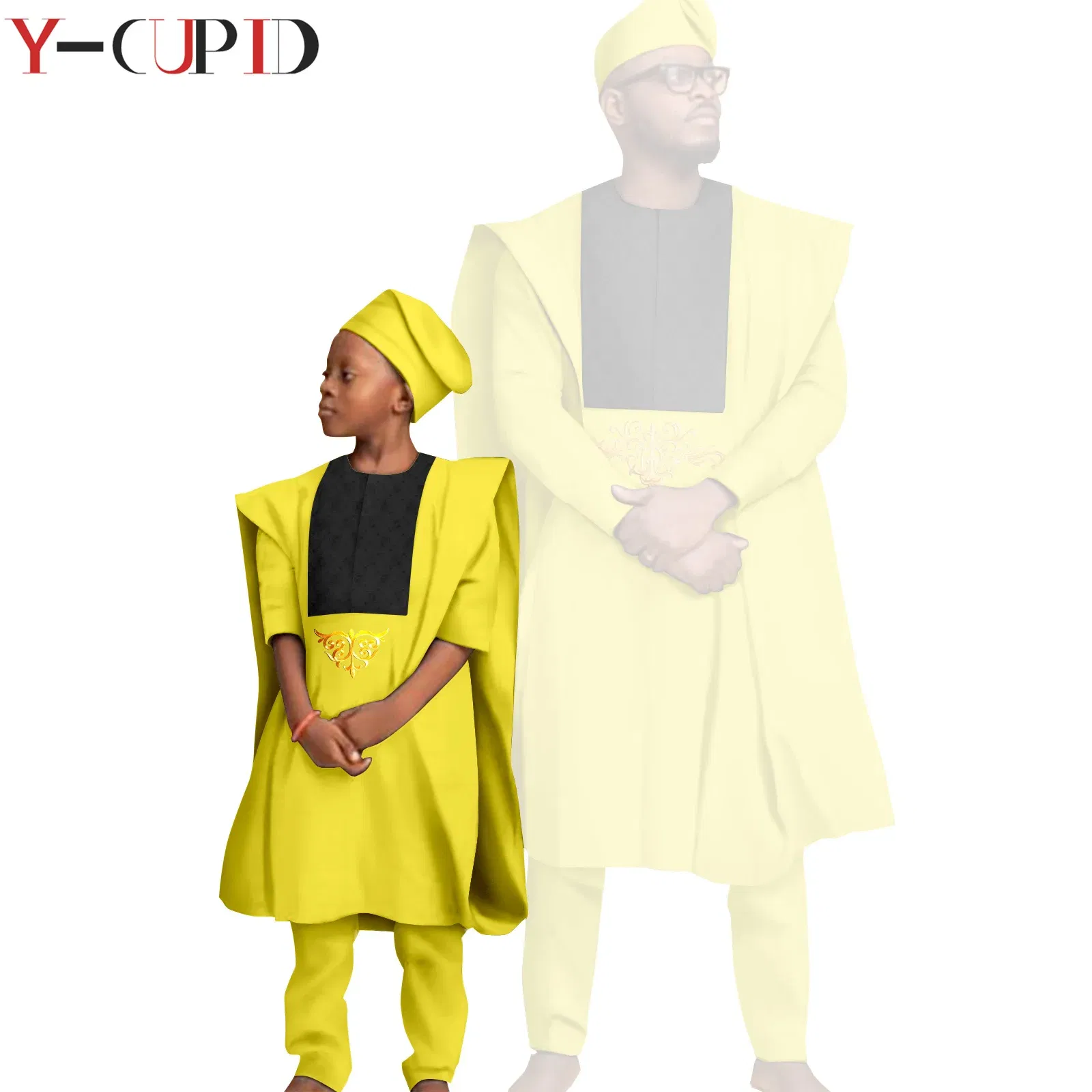 Color: SKY BLUE, Size: S - African Clothes for Men Top Pants Robes Hat Sets Match Kid Boy Sets Dashiki Father and Son Bazin Riche Family Outfits Y20F001