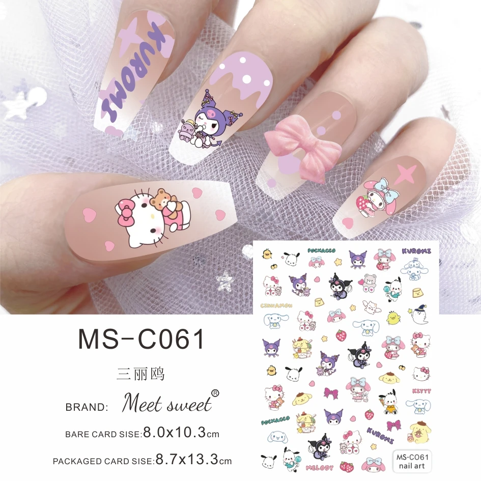 Color: Teal color - 1PCS 3D Cute Chulomi Melody Hello Kitty Cartoon Stickers For Nails Nail Accessories Mickey Mouse Barbie Princess Nail Stickers
