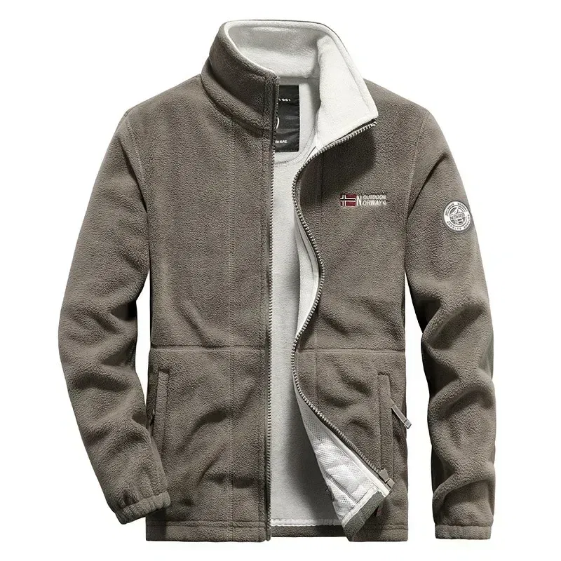 Color: Beige, Size: XXL - Men Fleece Jacket Pockets Thicken Polar Norway Ski Jackets Cold-proof Overcoat Plus Size Outwear Autumn Winter Casual Warm Coat