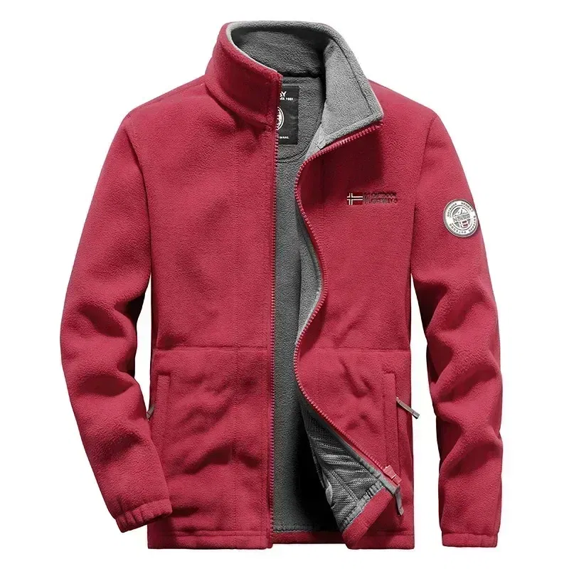 Color: Beige, Size: XXL - Men Fleece Jacket Pockets Thicken Polar Norway Ski Jackets Cold-proof Overcoat Plus Size Outwear Autumn Winter Casual Warm Coat