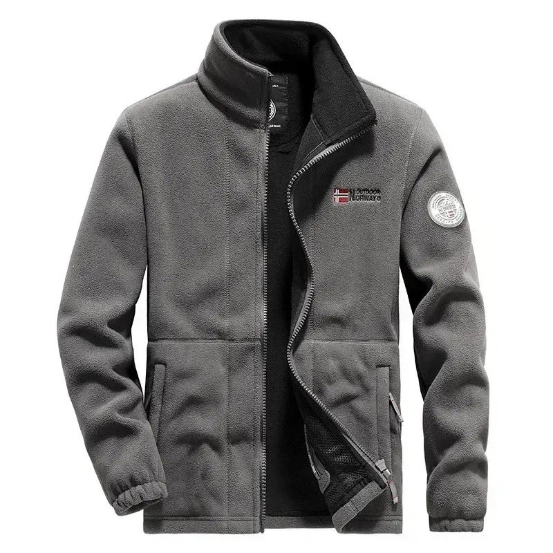Color: Beige, Size: XXL - Men Fleece Jacket Pockets Thicken Polar Norway Ski Jackets Cold-proof Overcoat Plus Size Outwear Autumn Winter Casual Warm Coat