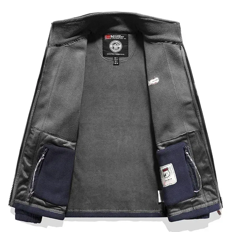 Color: Beige, Size: XXL - Men Fleece Jacket Pockets Thicken Polar Norway Ski Jackets Cold-proof Overcoat Plus Size Outwear Autumn Winter Casual Warm Coat
