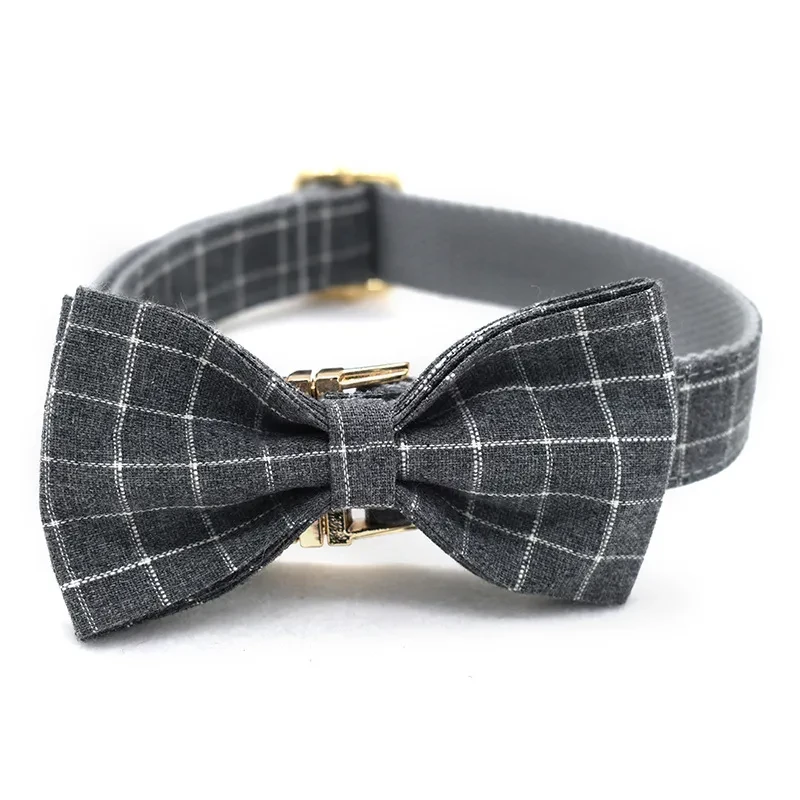 Grey Plaid Dog Collar with Golden Metal Button