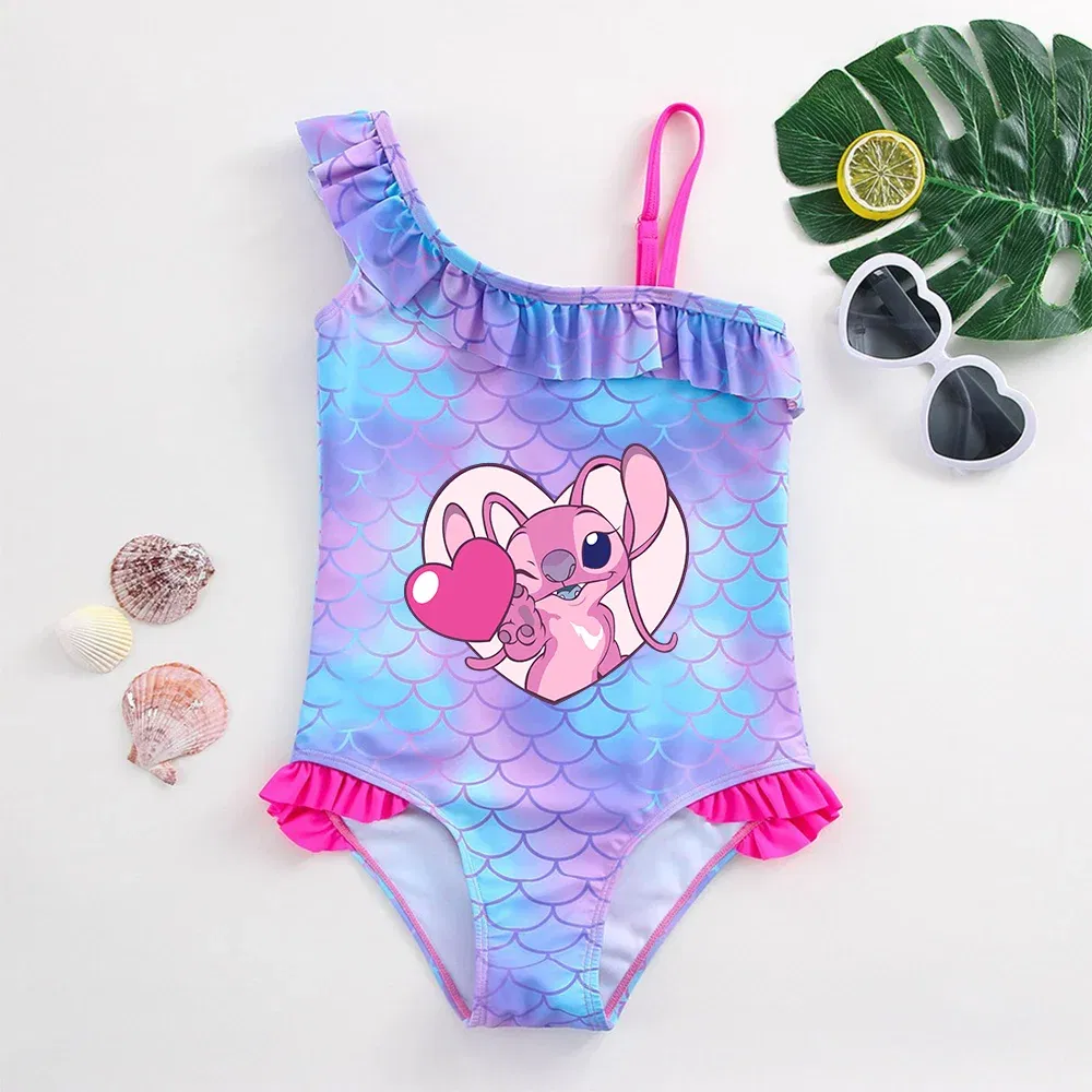 Color: Dark Grey, Size: M - Stitch Girls Swimsuit Fashion Mermaid Fish Scale One-Piece Bathing Suits Children's Dresses Summer Swimwear Beach Suit Kids Wear