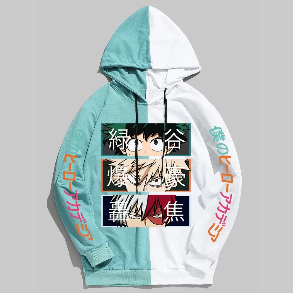 Color: SKY BLUE, Size: XL - 2022 New Anime My Hero Academia Hoodies Men Pullover Hiphop Hooded Sweatshirt Patchwork Women Streetwear Long Sleeve Unisex Tops
