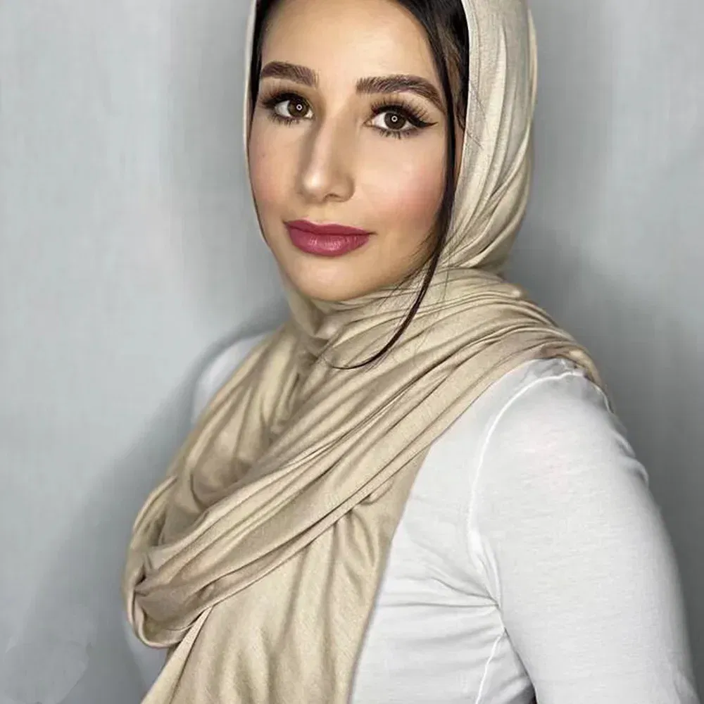 Color: Cream - 180X85cm  Muslim Women Jersey Hijab Scarf Cotton Stretchy Premium Jersey HIjabs Soft Material Big Large Size Jersey Scarves
