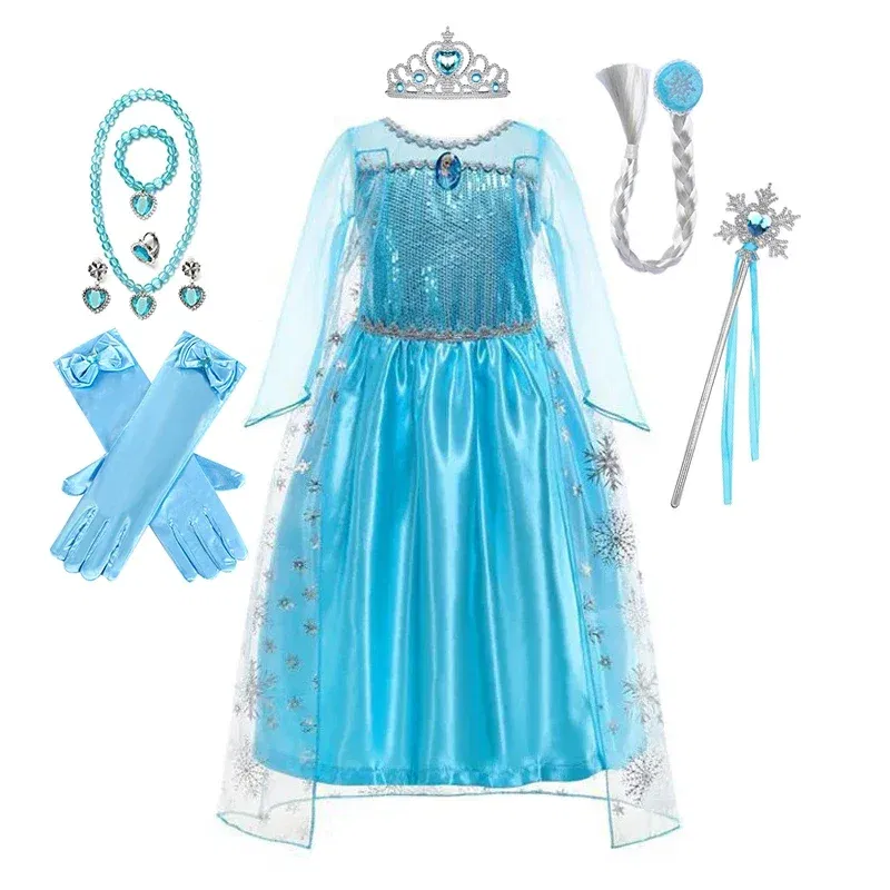Color: green, Kid Size: 14 - Disney Girls Cospaly Snow Queen Elsa Costumes Kids Carnival Party Prom Gown Robe-Playing Children Clothes Frozen Princess Dress