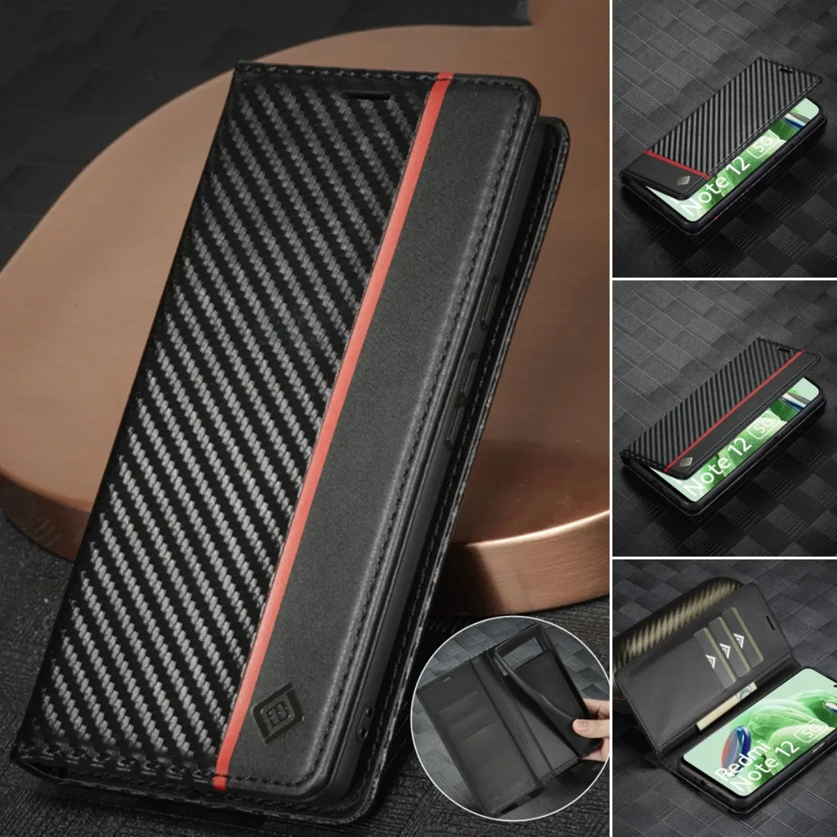 Color: Black, Material: nylon - Carbon Fiber Leather Case for Samsung A14 A24 A34 A54 5G A13 A23 A33 A53 Galaxy A52 A72 A32 A12 A04S A02S Wallet Card Slot Cover