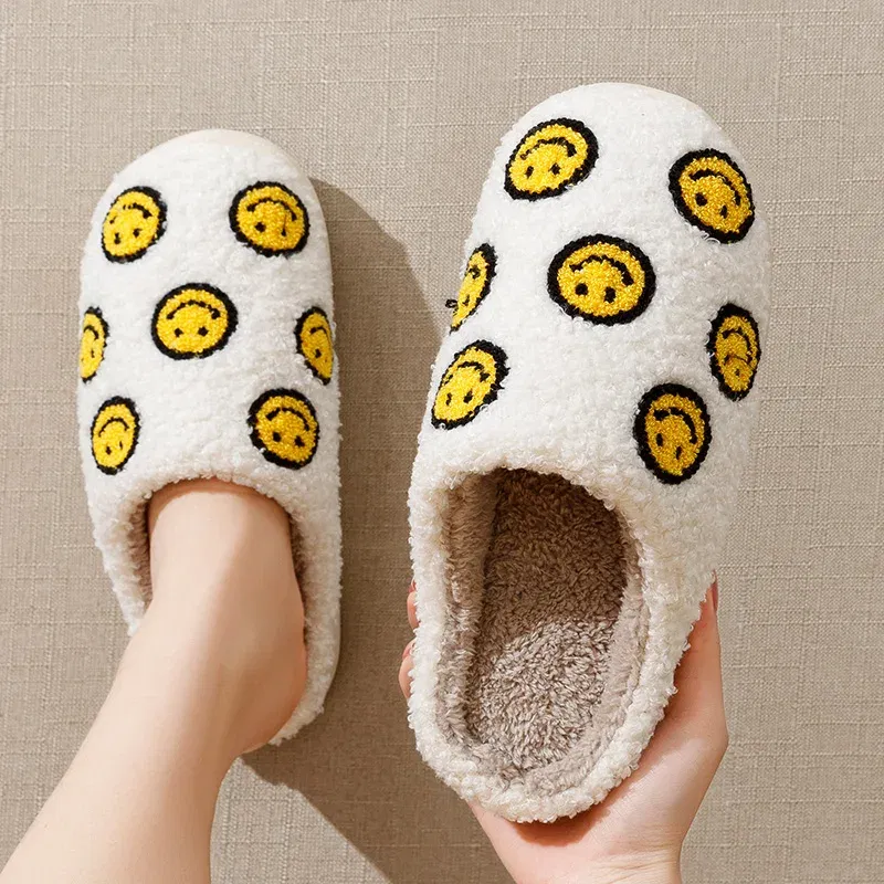 Color: Yellow, Shoe Size: 4.5 - Little Cute Smile Face Slippers Houseshoes Women's House Smile Ladies Indoor Winter Fluffy Cozy Home Comfy Women Shoes