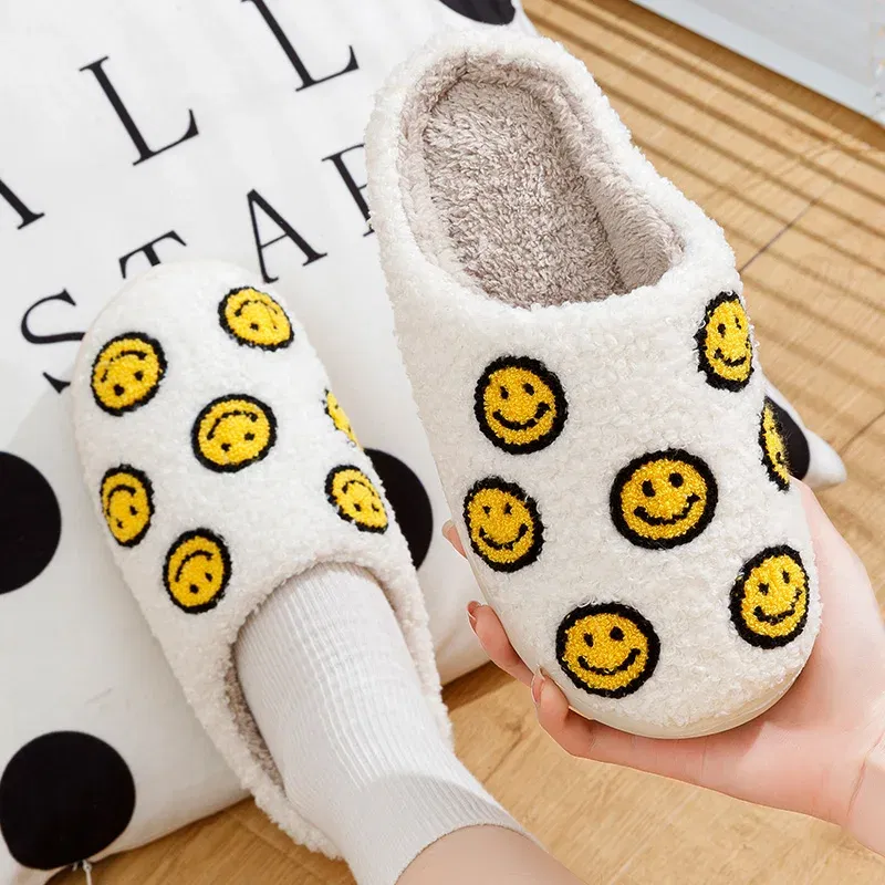 Color: Yellow, Shoe Size: 4.5 - Little Cute Smile Face Slippers Houseshoes Women's House Smile Ladies Indoor Winter Fluffy Cozy Home Comfy Women Shoes