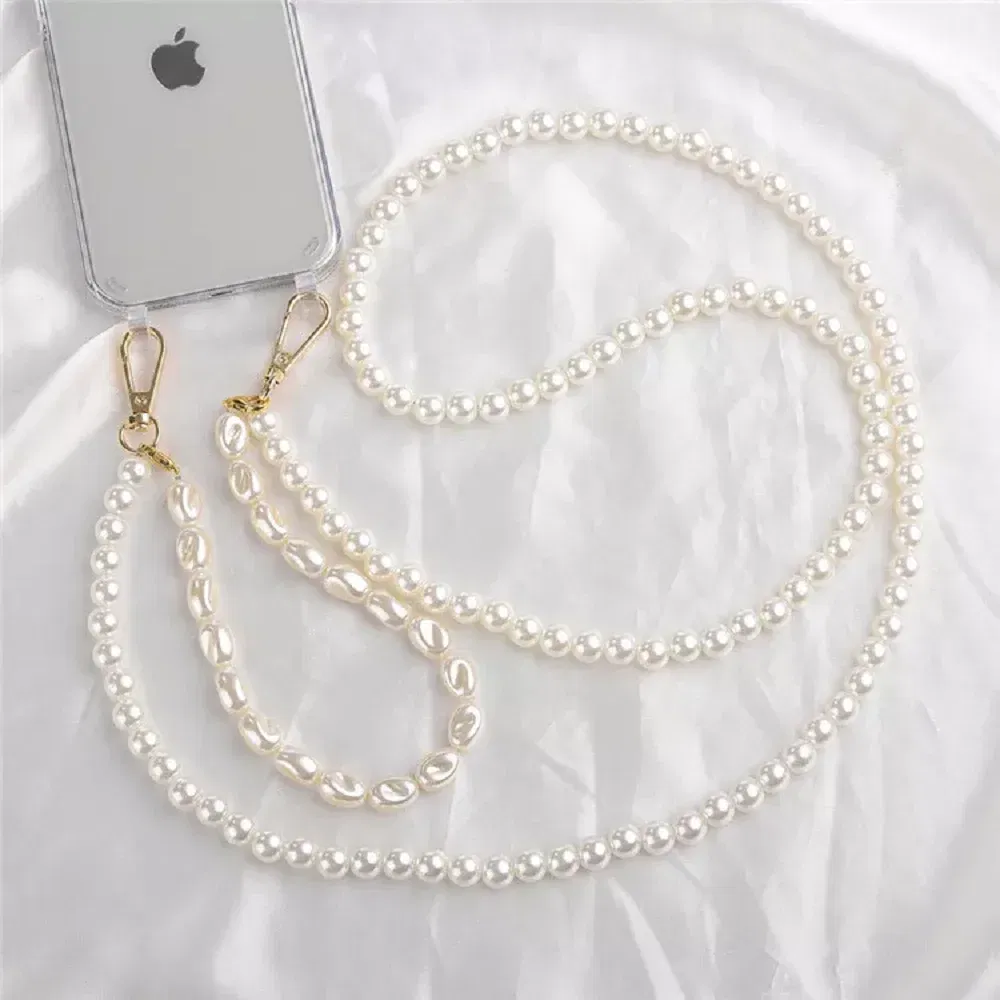 Color: Brown, Bundle: Case & Strap, Material: leather - DIY Luxury Pearl Chain Crossbody Strap Shockproof Acrylic Lanyard Phone Case for iPhone 14 13 12 PRO 15 Pro Max X XS 12 MINI