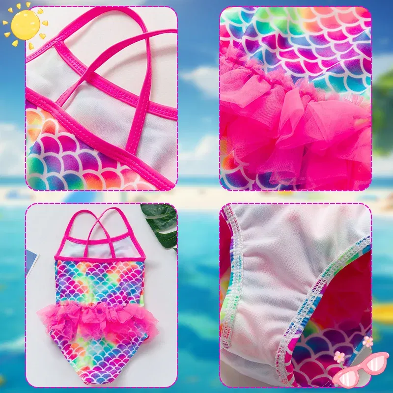 Color: WHITE, Kid Size: 9M - Lilo Stitch Girl Swimsuit Summer One-Piece Swimwear Beachwear Pool Mermaid Fish Scale Print Bikini Bathing Outfit Swimming Wear