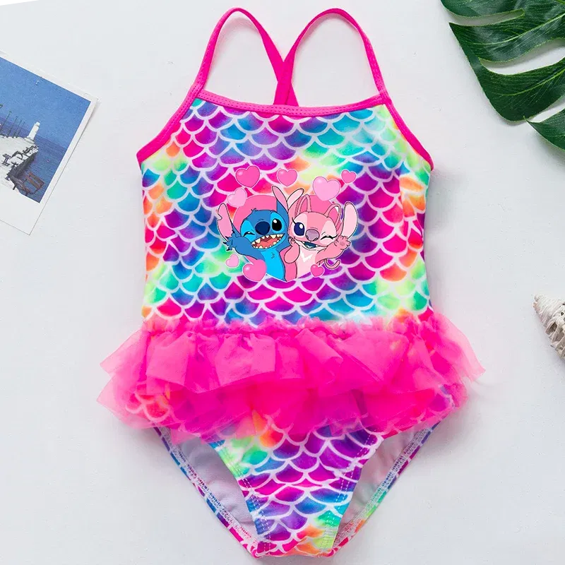 Color: WHITE, Kid Size: 9M - Lilo Stitch Girl Swimsuit Summer One-Piece Swimwear Beachwear Pool Mermaid Fish Scale Print Bikini Bathing Outfit Swimming Wear