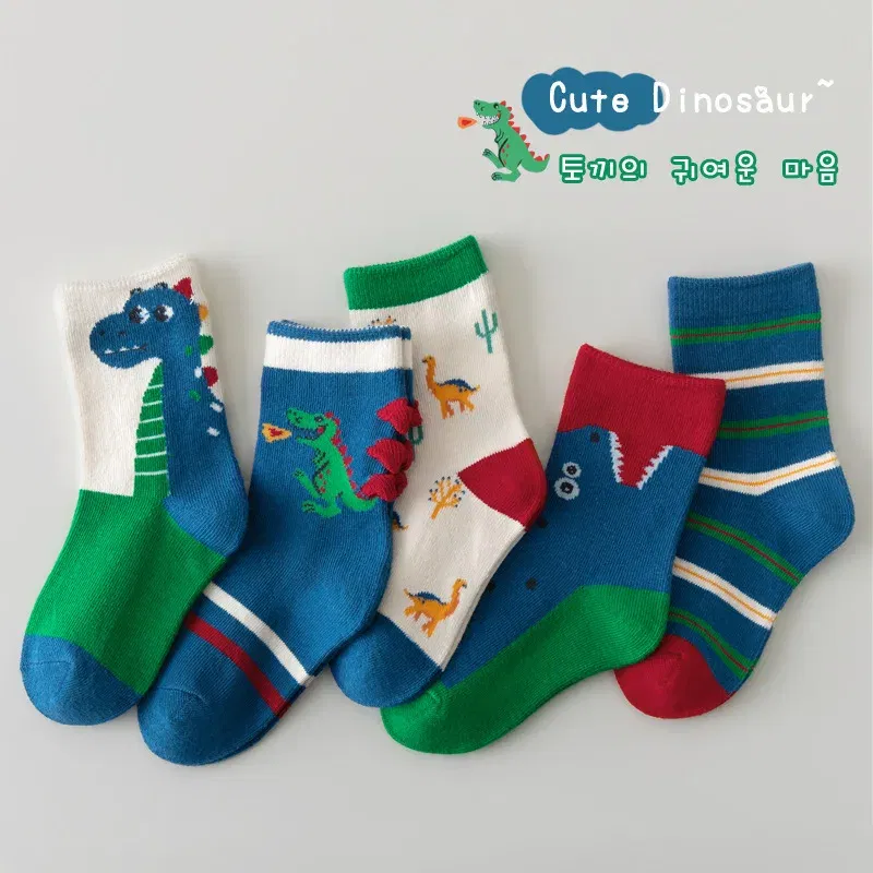 Color: SKY BLUE, Size: 2-3T - 5 Pairs/pack Autumn Socks Children's Cotton Socks Cartoon Dinosaur Pattern Kids Boys Crew Socks