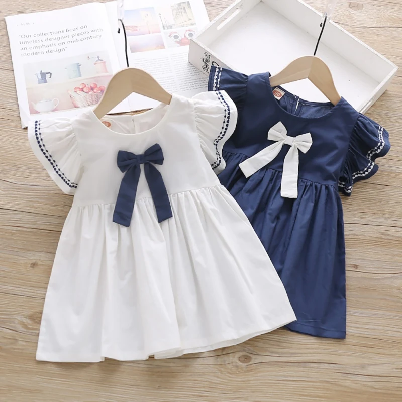 Color: WHITE, Kid Size: 4T - Summer Baby Girl Princess Dress Casual Fashion Baby Girl Flying Sleeve Bow-knot Princess Dress Kids Clothing For 1-6 Years Old