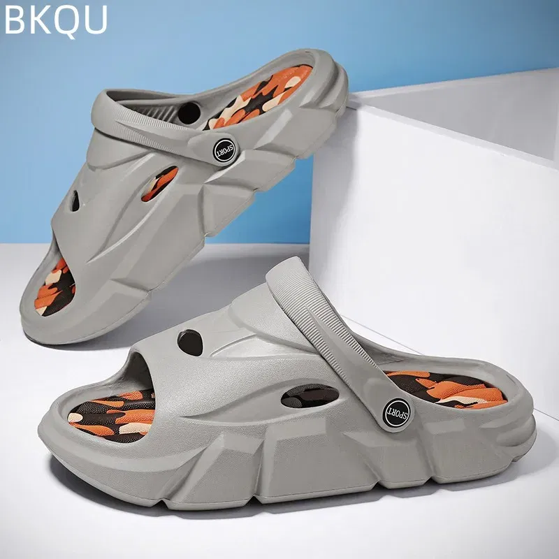 Color: GRAY, Shoe Size: 41 - Men's Beach Slippers Round Toe Lightweight Flat Bottom Waterproof Comfortable Trend Versatile Breathable Non-slip Large Size