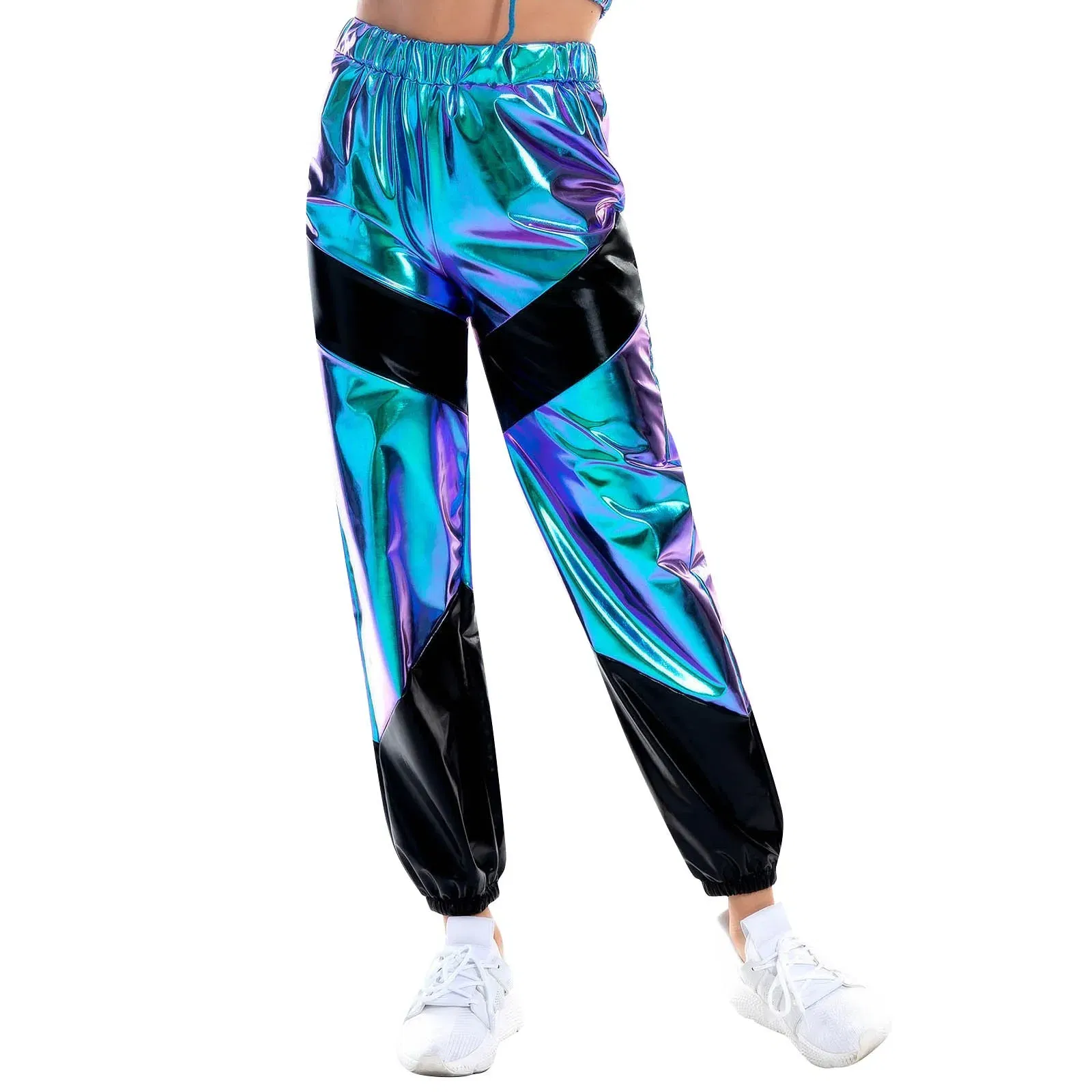 Color: Blue, Size: L - Women'S Shiny Trousers Elastic Sports Leisure Casual Long Sweatpants Jogging Bottoms Stretch Leggings Party Disco Clubwear