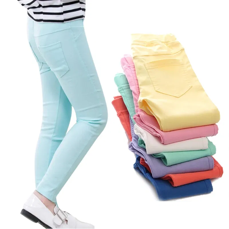 Color: Blue, Kid Size: 4T - 3-12-year-old girls pencil pants elastic baby Leggings 2024 new slim fit children's Leggings solid color imitation jeans