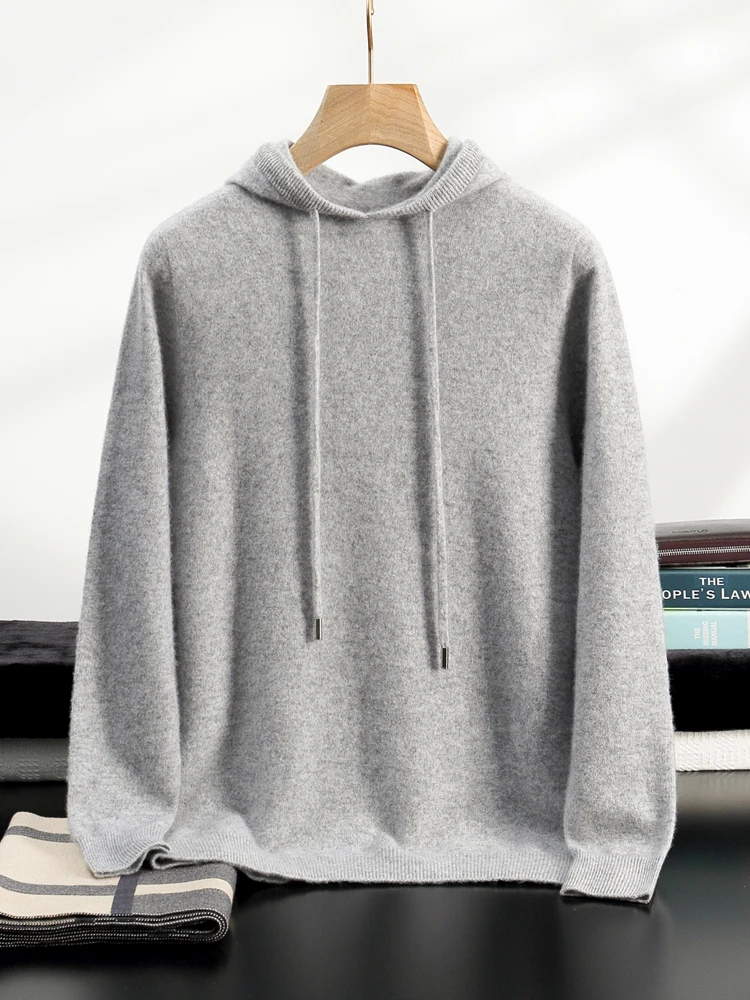 Color: WHITE, Size: M - Yoyoselect Men's 100% Cashmere  Luxury Sweater Hoodie Autumn Winter Thick Warm Hooded Pullover Casual Smart Jumpers Knitwear Top