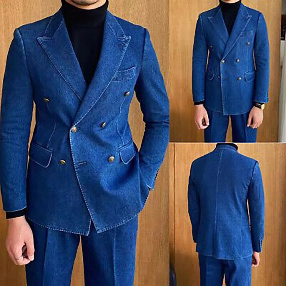 Color: black, Size: L - Denim British fashion men's suit high quality casual 2 piece top pants suit