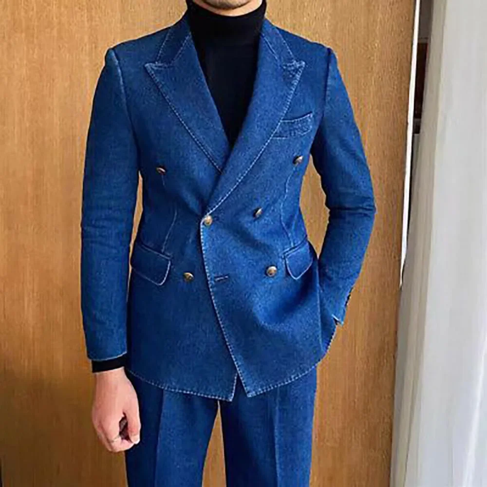 Color: black, Size: L - Denim British fashion men's suit high quality casual 2 piece top pants suit