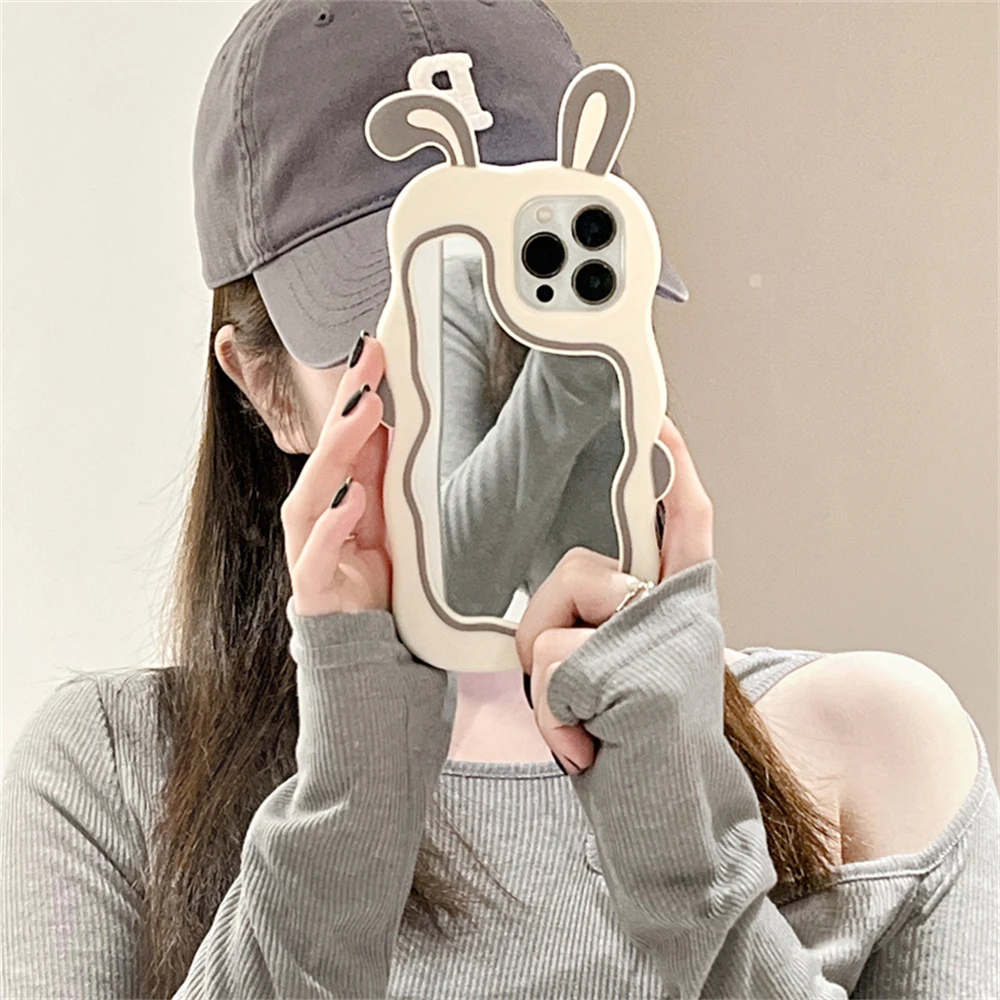 Color: Beige, Material: Neoprene - Cute Bunny Ears Mirror Phone Case For iPhone 15 14 Plus 13 12 11 Pro Max Shockproof Silicone Case