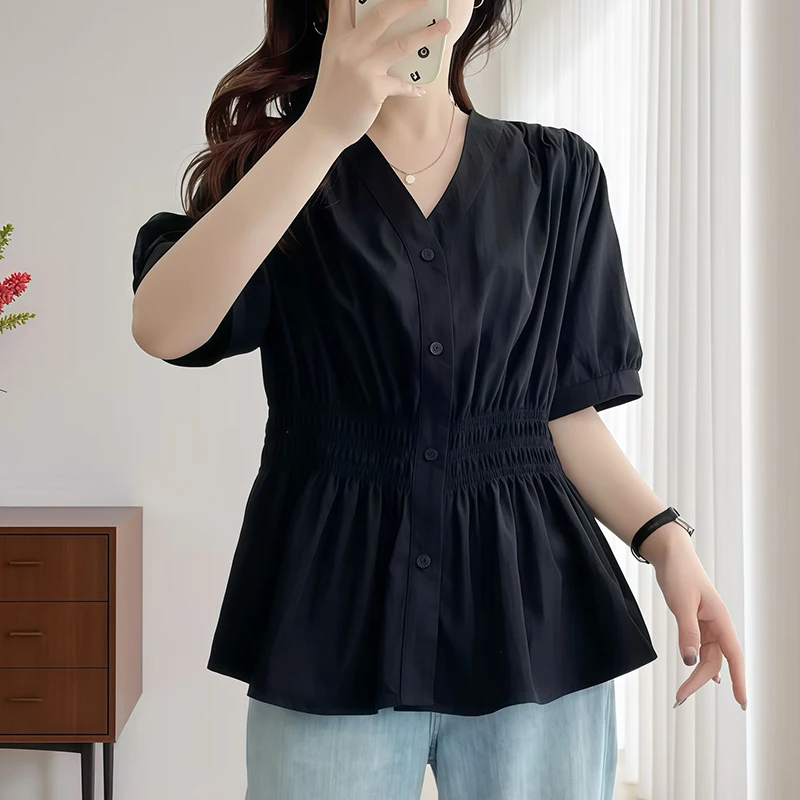 Color: Glowing Yellow, Size: 2XL - 200 Pounds Plus Size Elastic Waist Summer Shirt And Blouse Short Sleeve Solid Top Women's New In Clothes Simple V-neck French