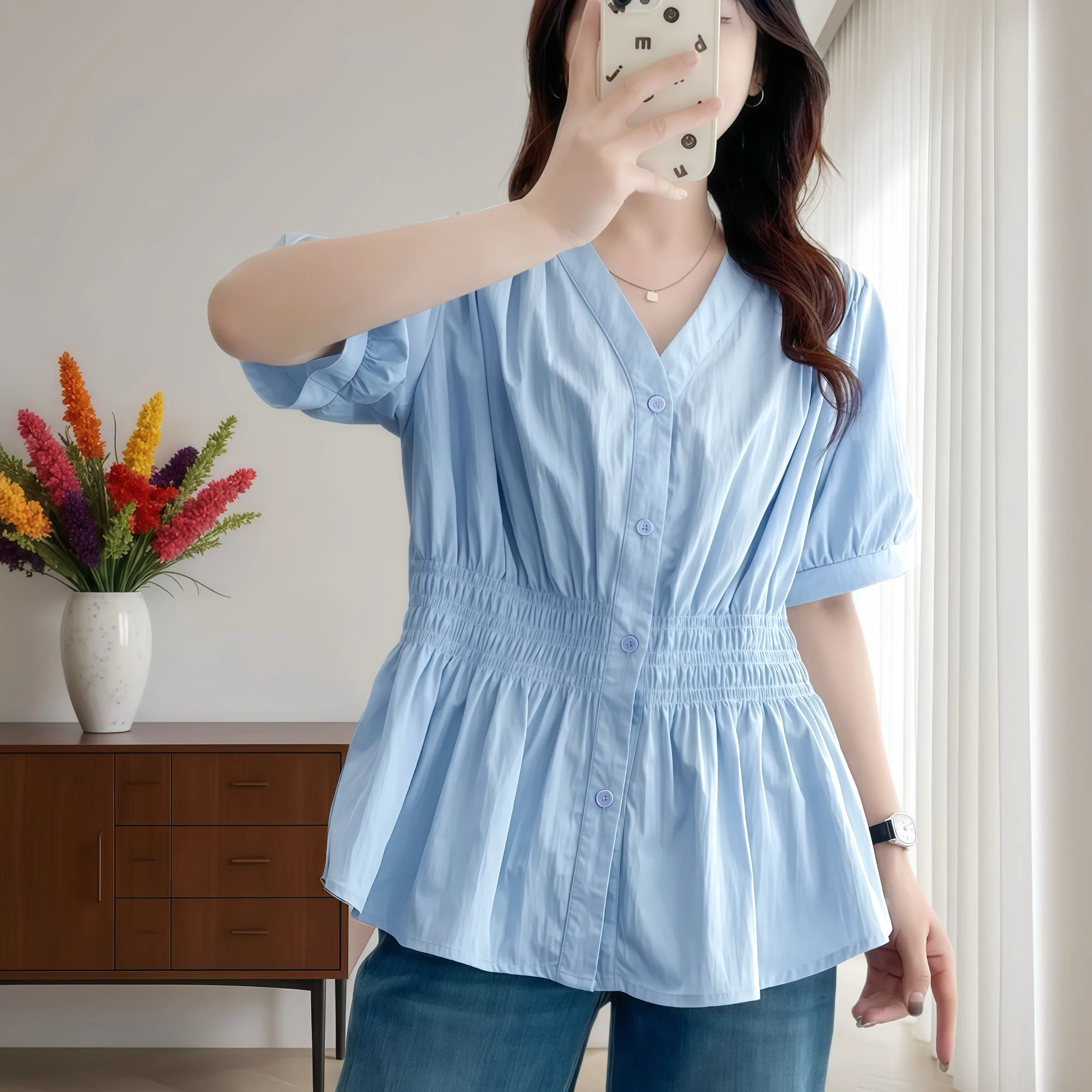 Color: Glowing Yellow, Size: 2XL - 200 Pounds Plus Size Elastic Waist Summer Shirt And Blouse Short Sleeve Solid Top Women's New In Clothes Simple V-neck French