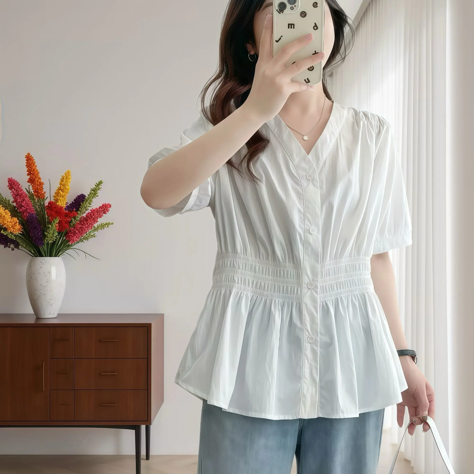 Color: Glowing Yellow, Size: 2XL - 200 Pounds Plus Size Elastic Waist Summer Shirt And Blouse Short Sleeve Solid Top Women's New In Clothes Simple V-neck French