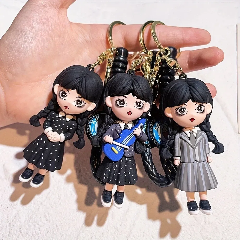 Color: Red, Ships From: CHINA - Cartoon Wednesday Addams Silicone Keychain Pendant Car Backpack Bag Keyring 3D Doll Unisex Women Men Gifts Key Chain