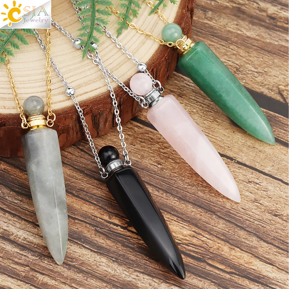 Metal color: Light Yellow Color - CSJA Crystal Perfume Bottle Women Necklace Natural Stone Hexagonal Cone Pendant Reiki Oil Diffuser Necklaces Christmas Gift H358