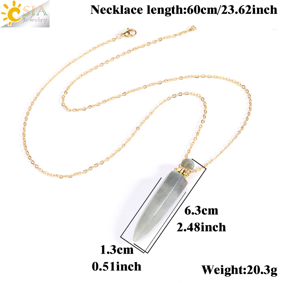 Metal color: Light Yellow Color - CSJA Crystal Perfume Bottle Women Necklace Natural Stone Hexagonal Cone Pendant Reiki Oil Diffuser Necklaces Christmas Gift H358