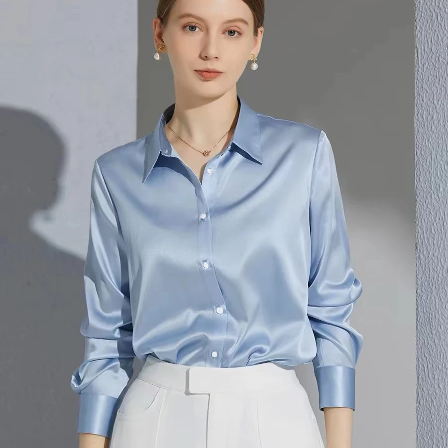 Color: black, Size: XL - All-match Satin Finish Shirts And Blouses Women Clothing Casual Top OL Long Sleeve Button Elegant Shirts French Solid Blouses