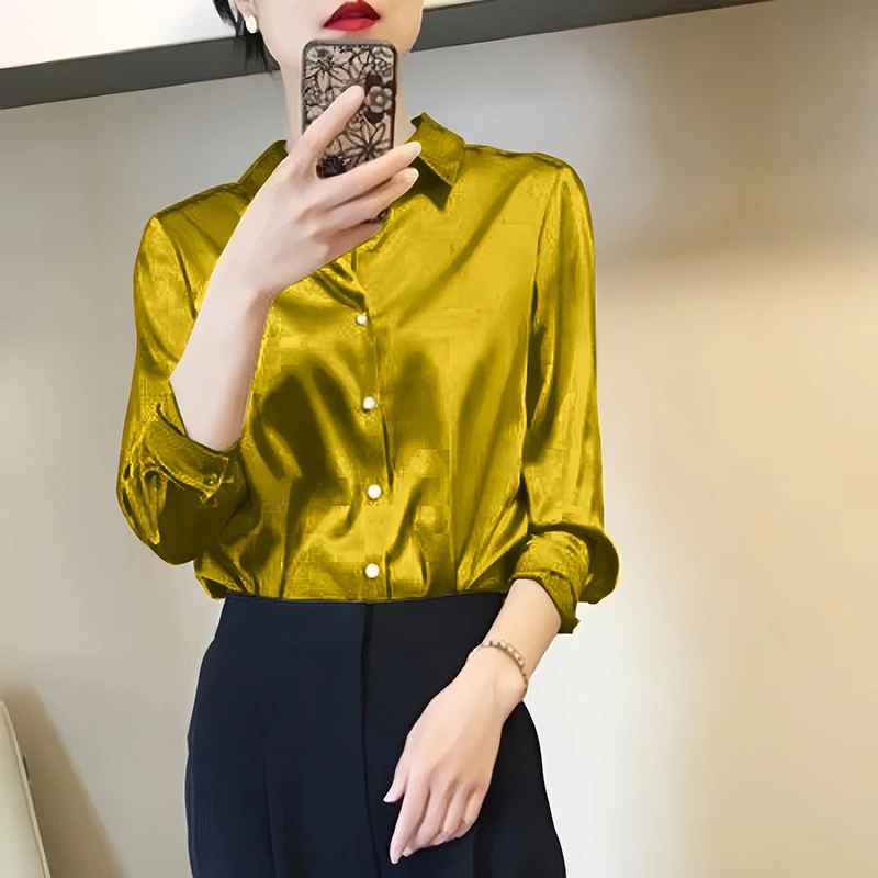 Color: black, Size: XL - All-match Satin Finish Shirts And Blouses Women Clothing Casual Top OL Long Sleeve Button Elegant Shirts French Solid Blouses