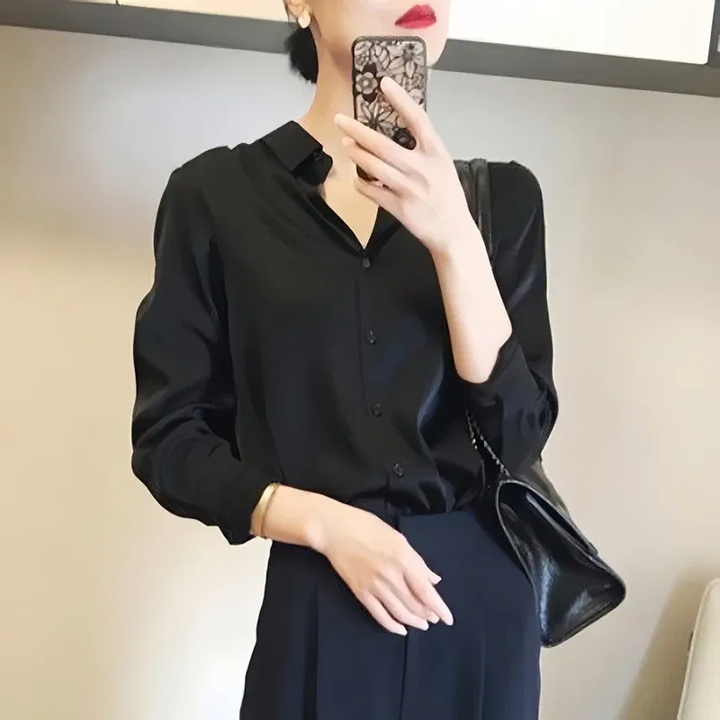 Color: black, Size: XL - All-match Satin Finish Shirts And Blouses Women Clothing Casual Top OL Long Sleeve Button Elegant Shirts French Solid Blouses