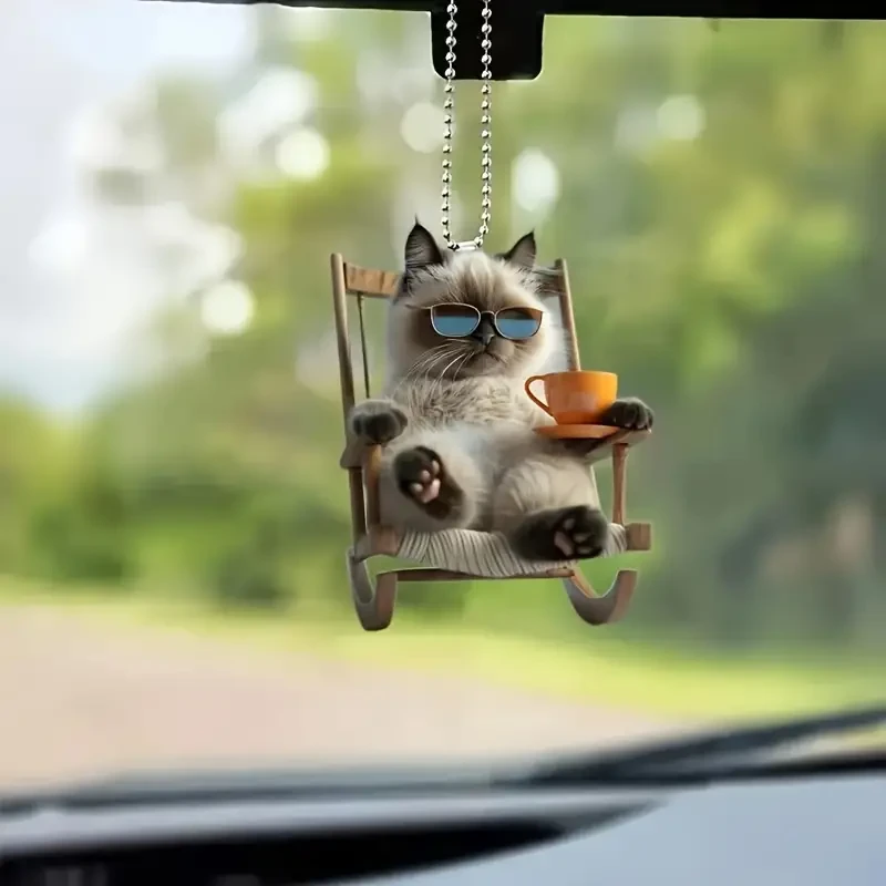 Vibrant 2D Siamese Cat Acrylic Flat Car Hanging Decoration