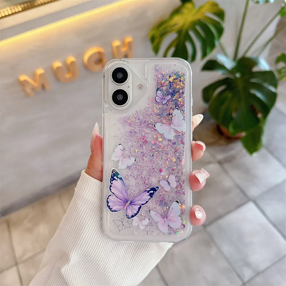 Color: PURPLE, Material: ABS - Luminous Quicksand Glitter Butterfly Case for iPhone 16 15 14 Pro Max Plus 13 12 Mini 11 X Xs XR Soft Silicone Bling Shiny Cover