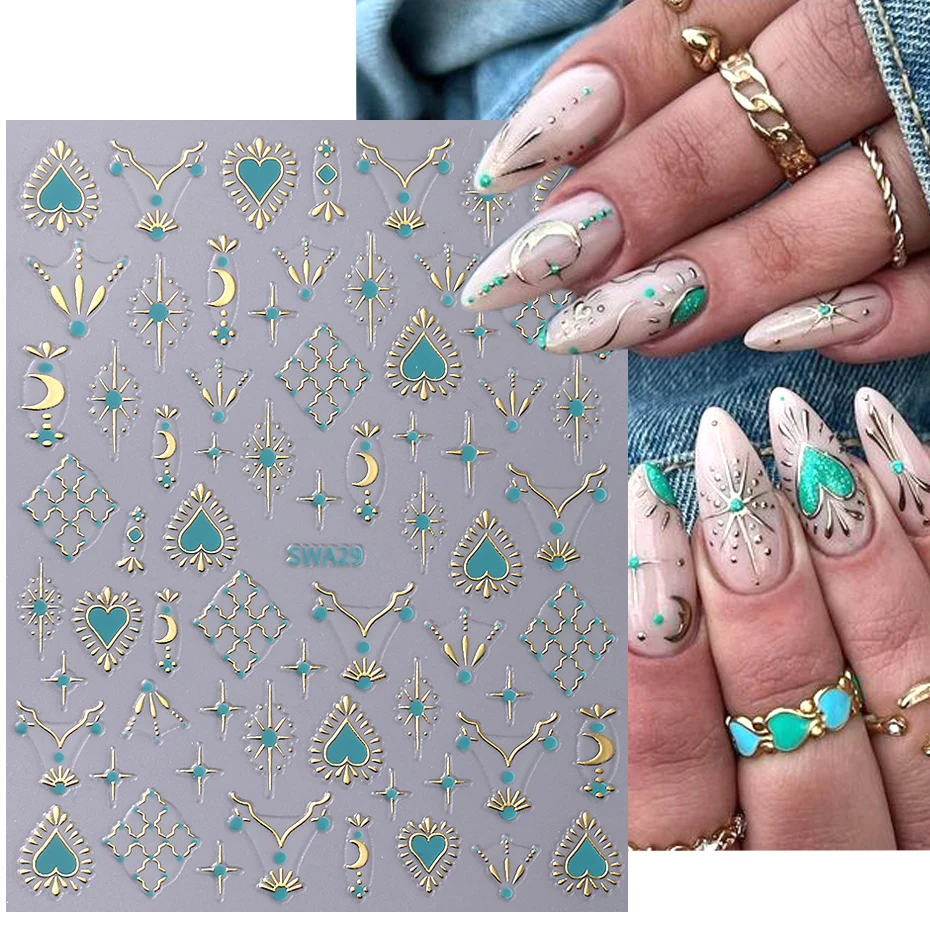 Color: Red - Metallic Bohemian Style Nail Sticker Gold Silver Lace Lines Green Gem Love Heart 3D Holographic Manicure Sliders Nail Decoration