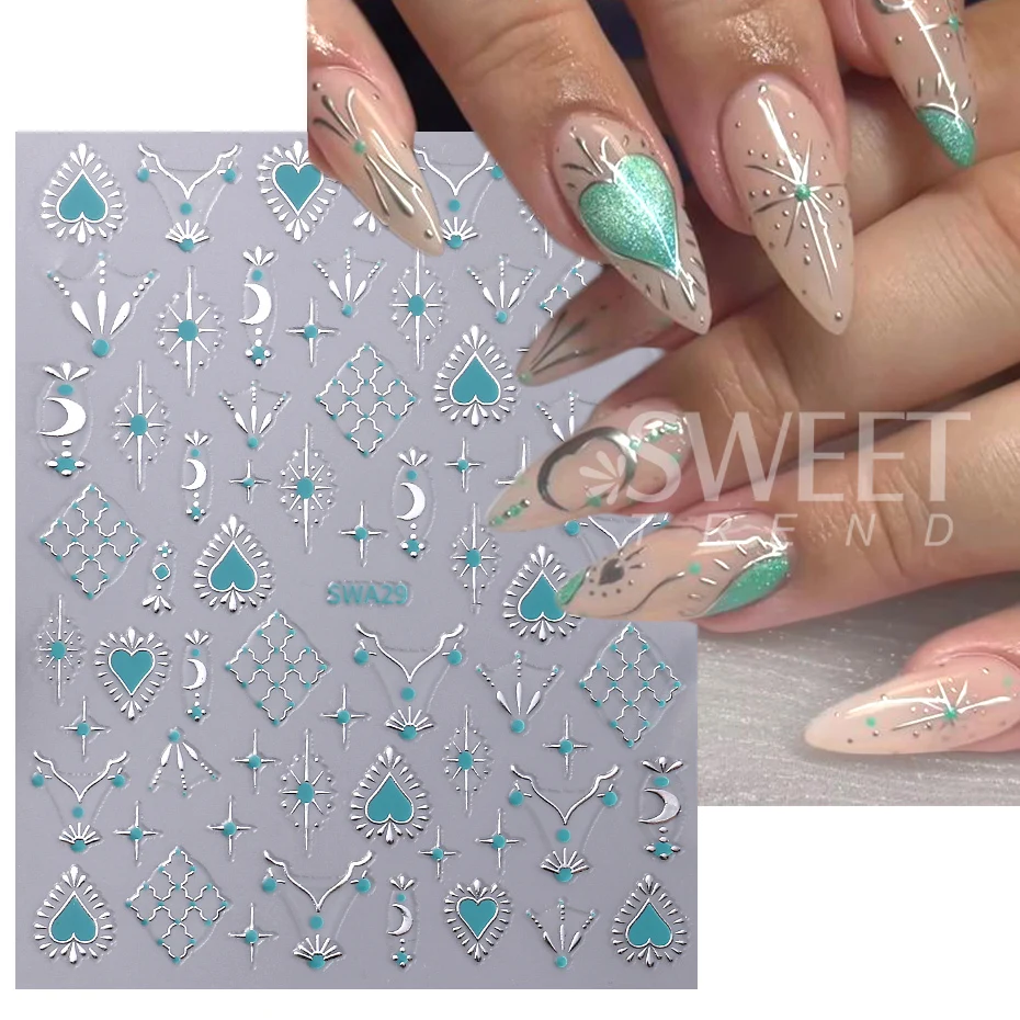 Color: Red - Metallic Bohemian Style Nail Sticker Gold Silver Lace Lines Green Gem Love Heart 3D Holographic Manicure Sliders Nail Decoration