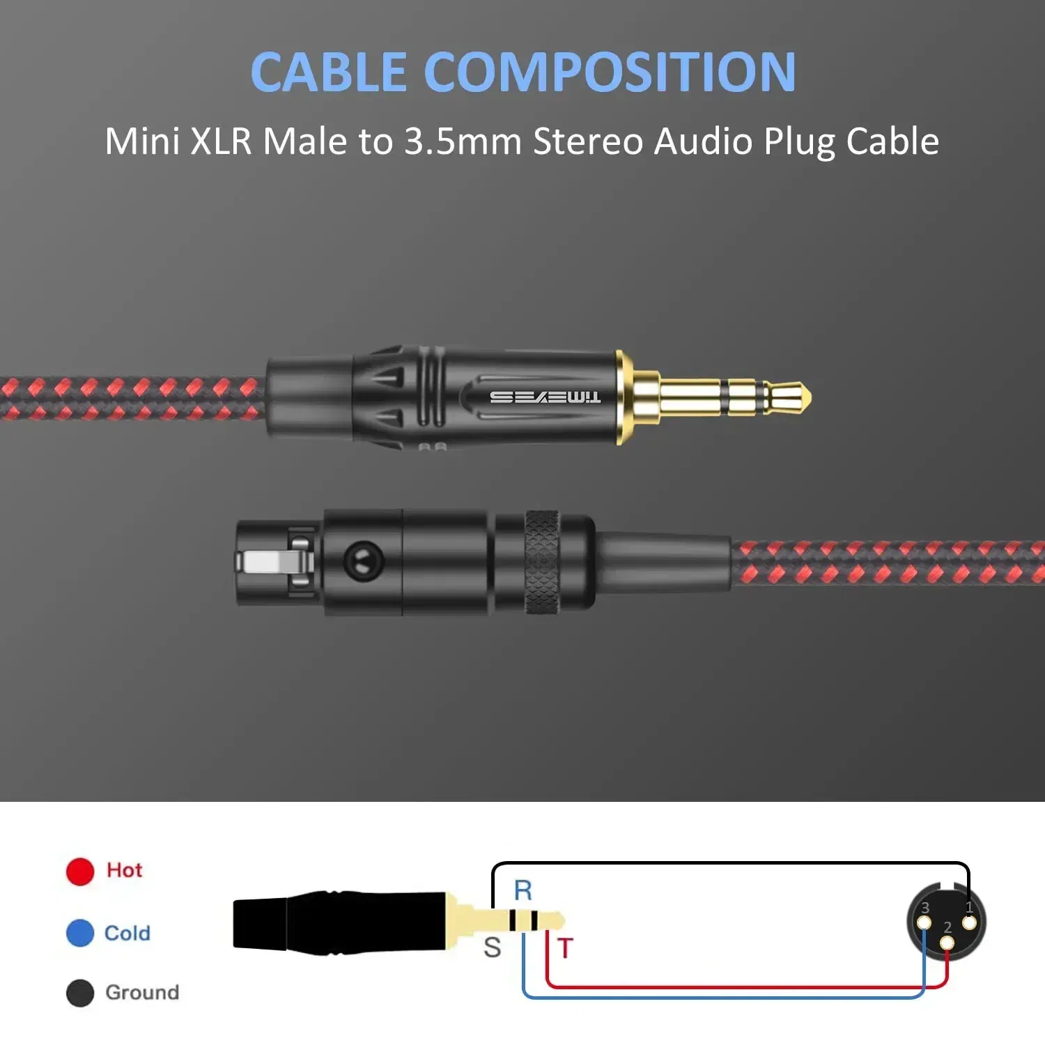 Color: Black, Length: 11m - TIMEYES 3.5mm To Mini XLR Female Stereo Audio Cable 1/8 Inch TRS To 3-pin Mini XLR Female Headphones Audio Cable