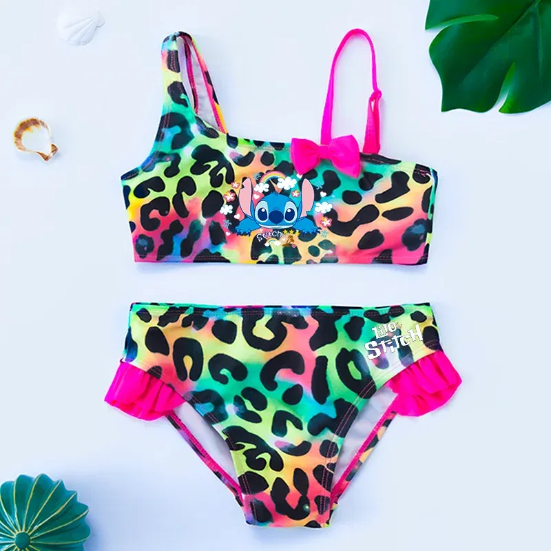 Color: Champagne, Size: XXS - Lilo Stitch Gilrs Bow Bikini Set Trendy Two-Piece Swimsuits for Summer Stylish Beachwear Pool Fashion Bathing Suits 3-12Y