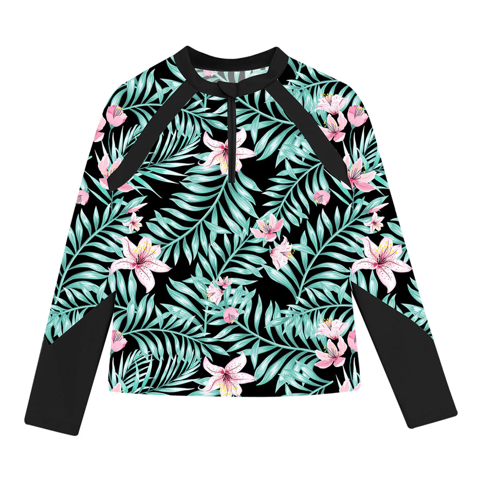 Color: Brown, Kid Size: 12M - Kids Girls Swim Top Floral Printed Rash Guard T Shirt Mock Neck Long Sleeve Pool Party Beachwear UPF 50+ Surfing Bathing Tops