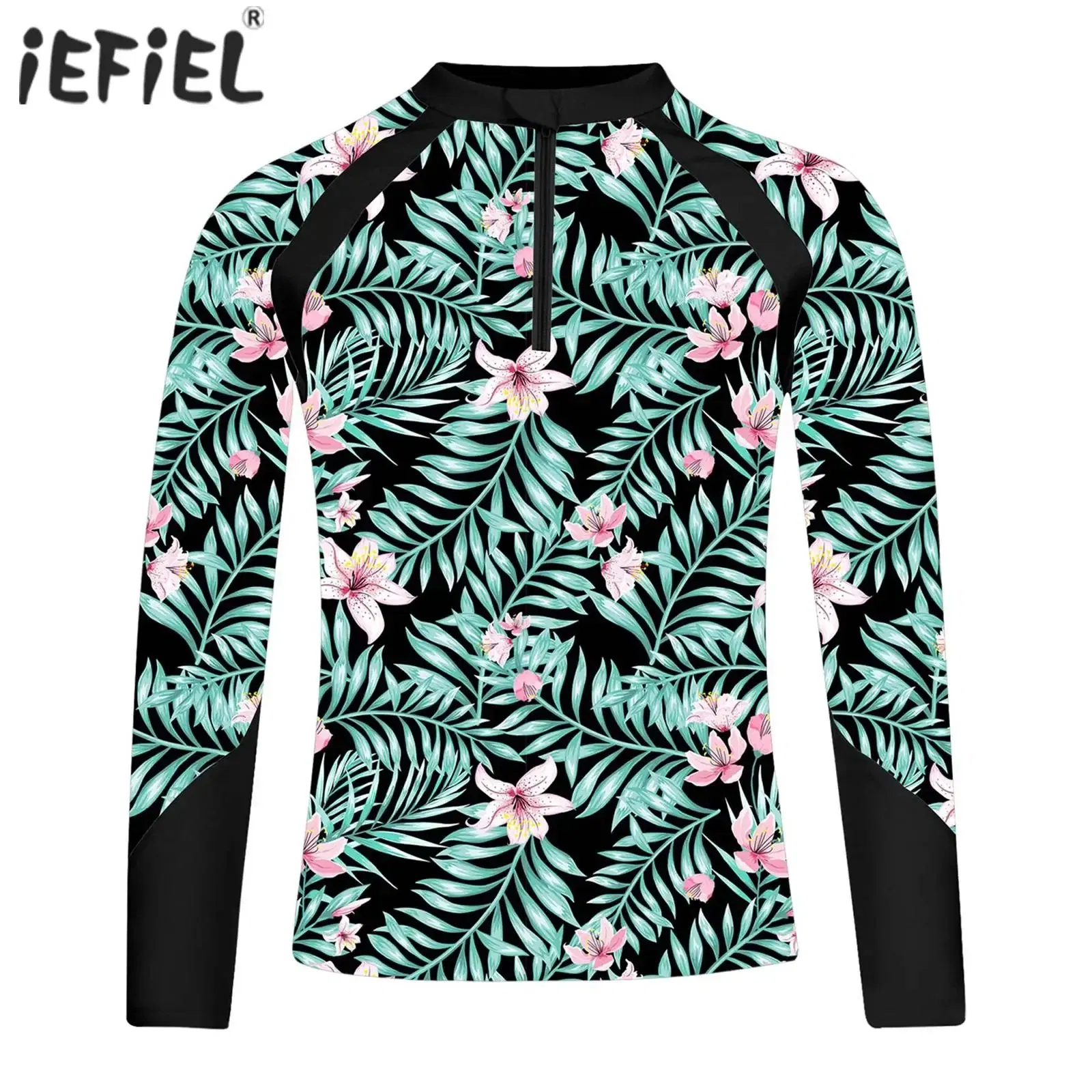Color: Brown, Kid Size: 12M - Kids Girls Swim Top Floral Printed Rash Guard T Shirt Mock Neck Long Sleeve Pool Party Beachwear UPF 50+ Surfing Bathing Tops