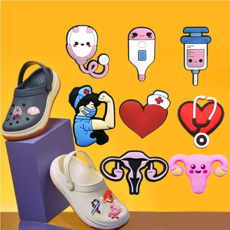 Color: Silver - 1pcs Medical Clog Accessories Stethoscope Syringe Gibit Shoe Charm Clog Pins Teeth Uterus Nurse Clips Jeans Girl Women Gift
