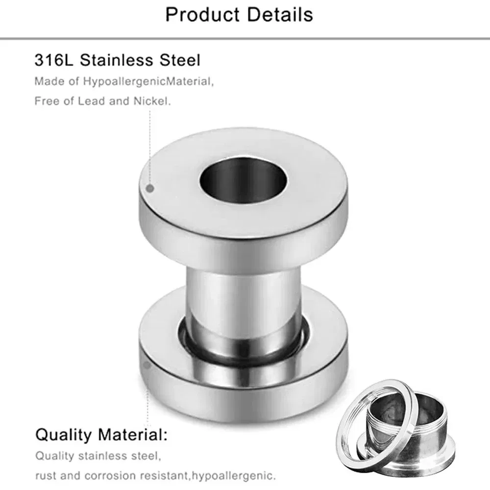 Metal color: Gold-color, Main Stone Color: Blue - 2PCS Multi Color Steel Screw Fit Tunnel Ear Plug Stretcher Gauge 3-25mm Ear Lobe Tunnel Expander