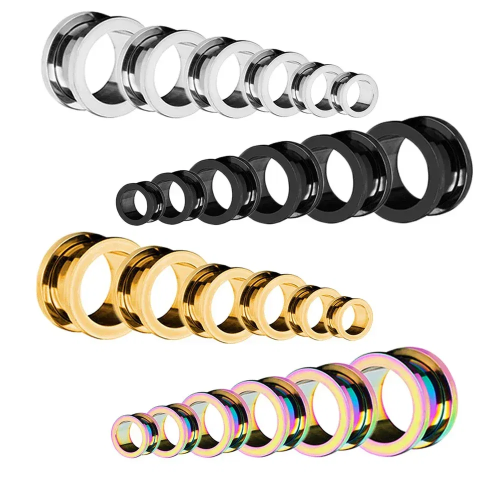Metal color: Gold-color, Main Stone Color: Blue - 2PCS Multi Color Steel Screw Fit Tunnel Ear Plug Stretcher Gauge 3-25mm Ear Lobe Tunnel Expander