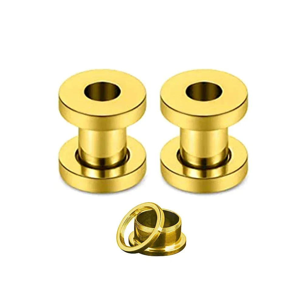 Metal color: Gold-color, Main Stone Color: Blue - 2PCS Multi Color Steel Screw Fit Tunnel Ear Plug Stretcher Gauge 3-25mm Ear Lobe Tunnel Expander