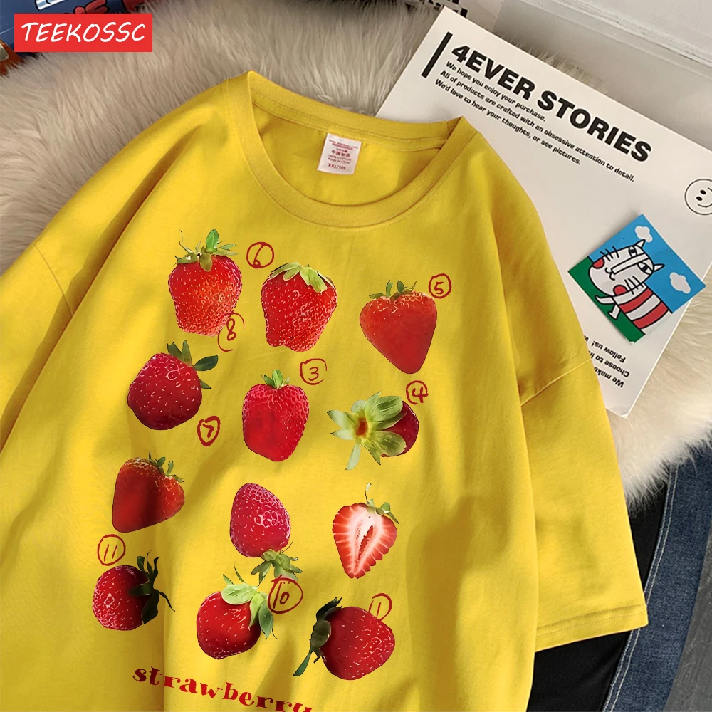 Color: SKY BLUE, Size: L - 100% Cotton Women T-shirt Cute Fresh Strawberries Printed Tee Shirt Summer Comfortable Loose Tops Street Fashion Female Clothes